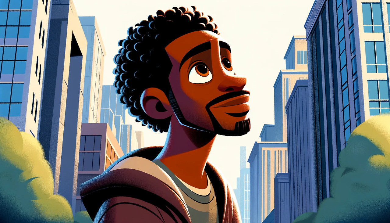 DALL·E 2024-02-08 12.31.52 - Create an illustration in the style of Pixar Animation Studios, inspired by a movie poster. The illustration should feature a black male character gaz.jpg