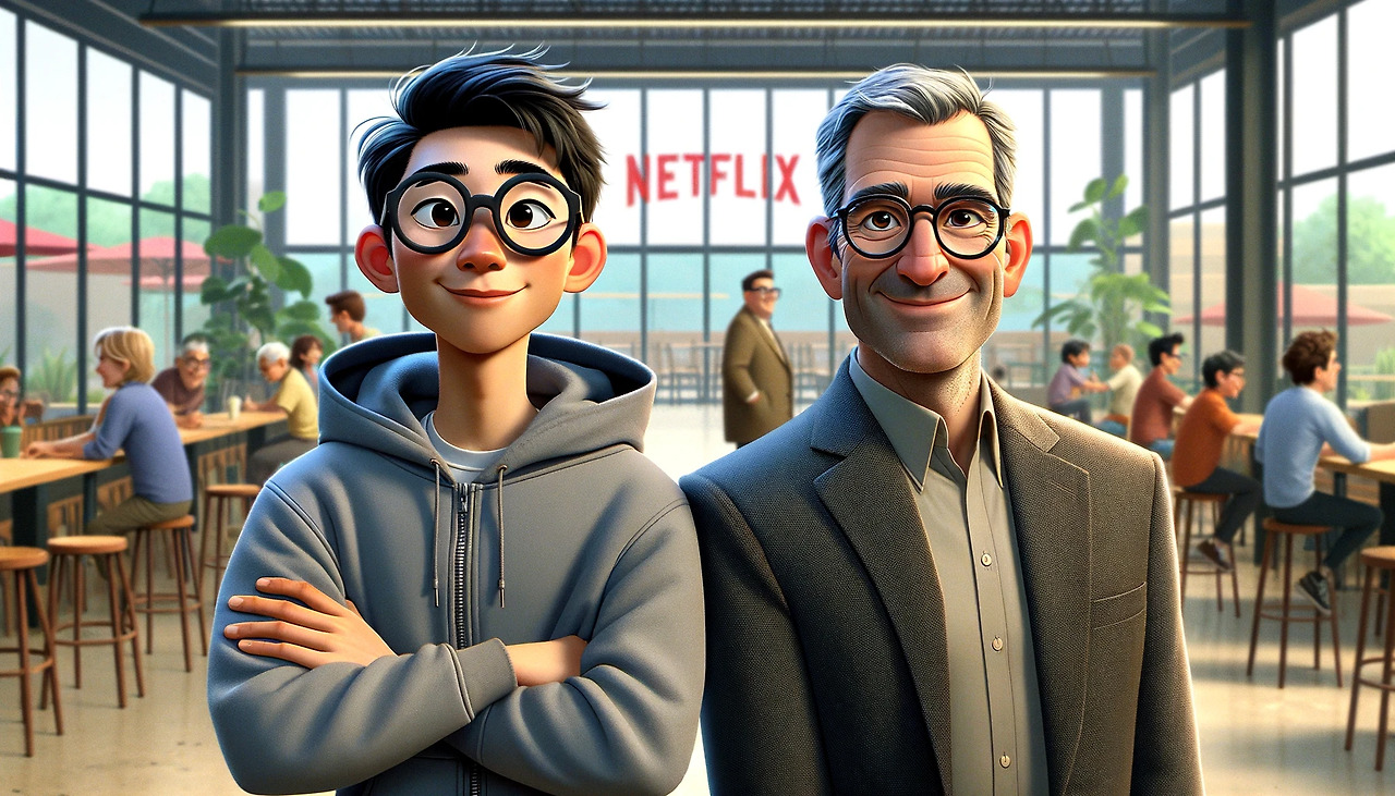 DALL·E 2024-02-18 15.03.44 - Illustrate two adult males standing side by side in the style of Pixar animation. The first male is of East Asian descent, wearing large black-rimmed .jpg