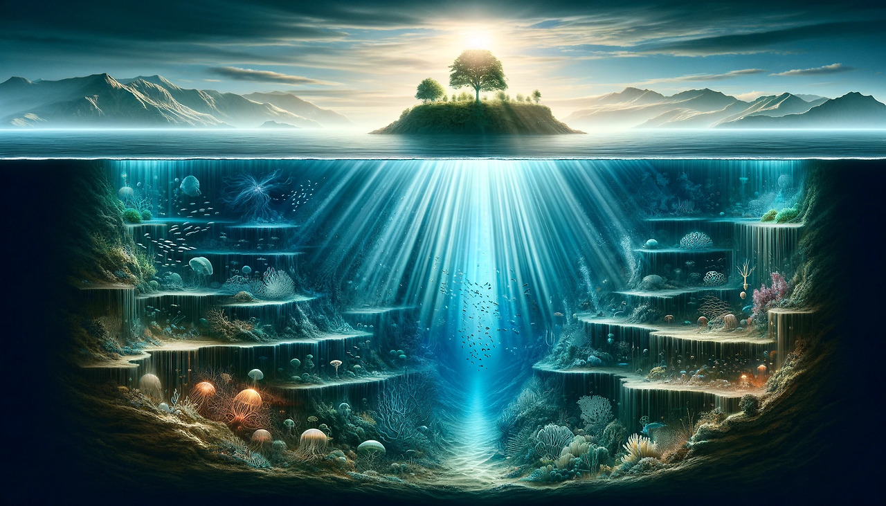 DALL·E 2024-03-28 10.22.17 - A surrealistic landscape that embodies the theme 'Discover truth under the surface'. The scene features an underwater view with visible layers of the .jpg