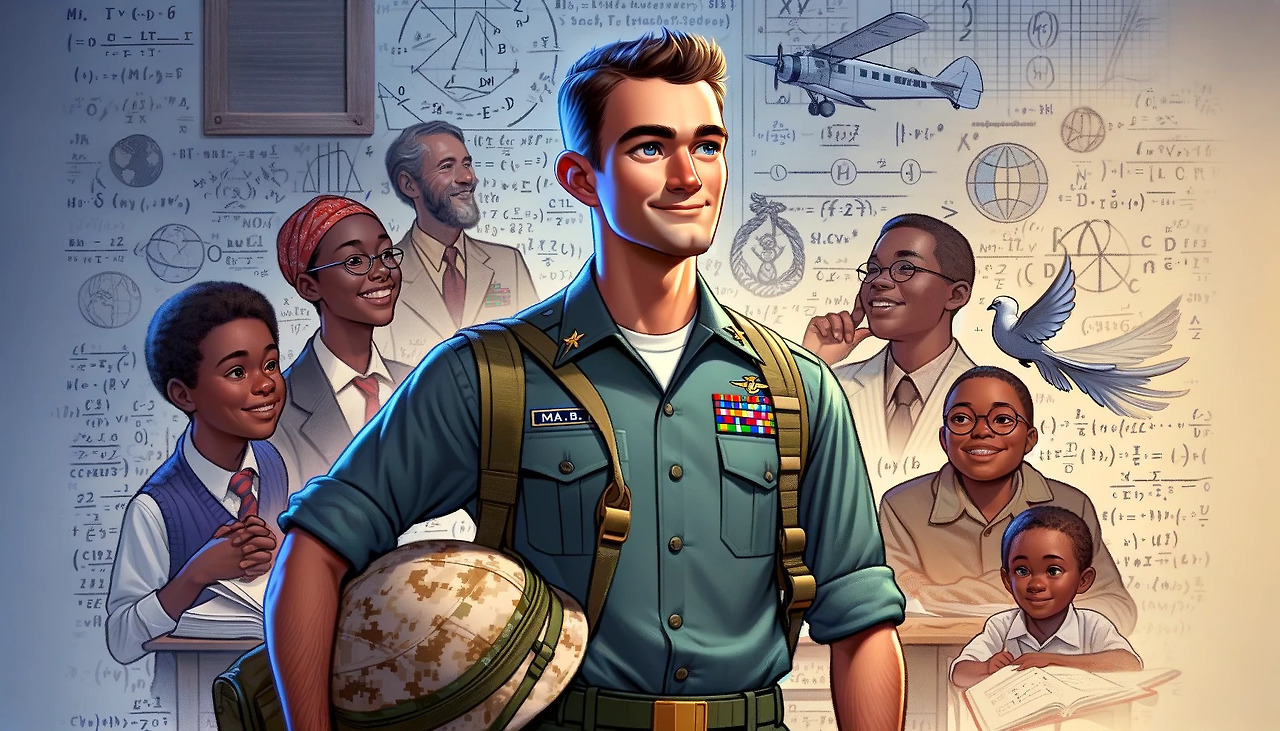 DALL·E 2024-02-15 23.52.42 - Illustrate an inspired young man in the style of a Pixar animation. The young man has an adventurous spirit, evident from his attire - a mix of milita.jpg