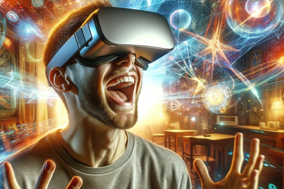 DALL·E 2024-02-10 06.39.58 - Create an image of a person visibly happy and captivated by the immersive experience of Extended Reality (XR). The individual is wearing modern XR gog.jpg