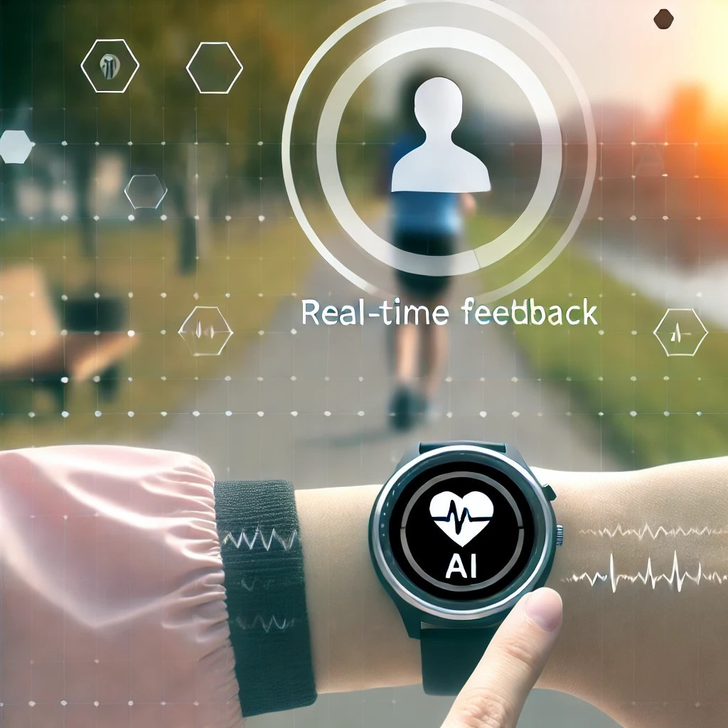 DALL·E 2024-09-27 14.01.16 - An AI system providing real-time feedback and predictions. The scene shows a person using a wearable device like a smartwatch, which is connected to a.jpg