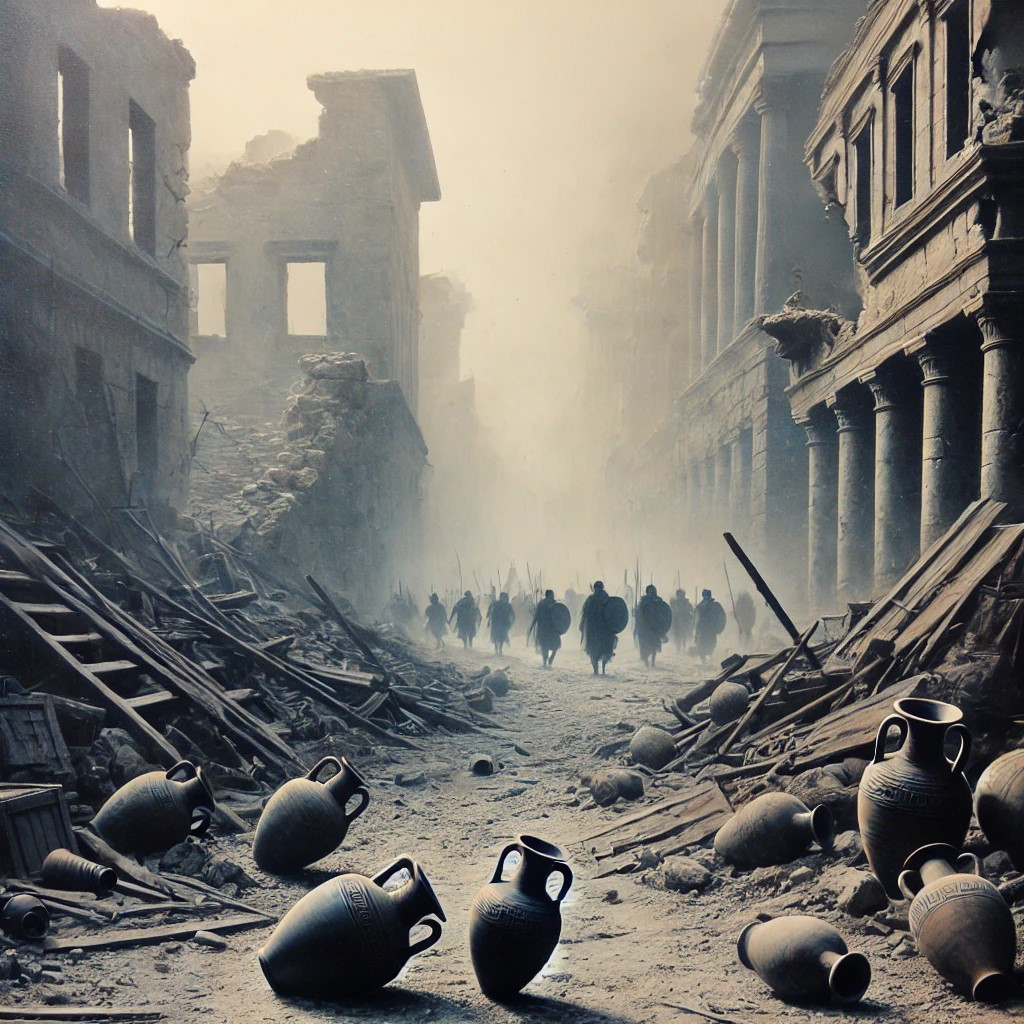 DALL·E 2025-03-09 18.34.54 - An ancient Greek city in ruins, depicting the aftermath of war. The streets of Athens are desolate, with broken pottery jars scattered across the grou.jpg