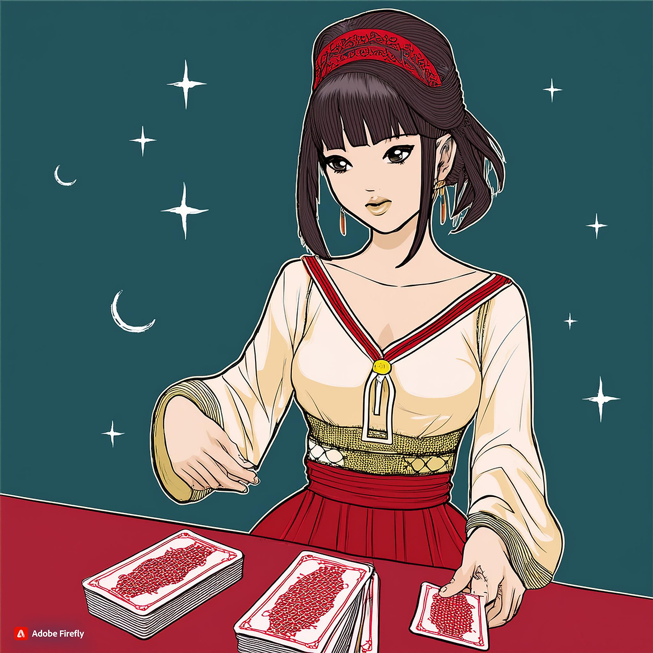 Firefly 타로 카드를 펼치고 있는 한국의 젊은 여성을 그려주세요. 단, 애니메이션이 아닌, 실제 모습처럼 그려주세요. 한국의 젊은 여성은 붉은 치마를 입은 케쥬얼 옷차림으로  (1).jpg