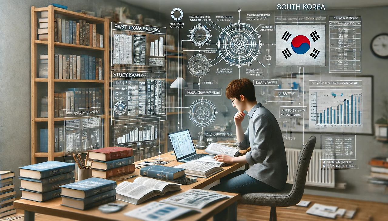 DALL·E 2024-06-20 22.32.27 - A realistic image depicting the preparation process for obtaining a technical certification in South Korea. The scene shows a person studying systemat.jpg