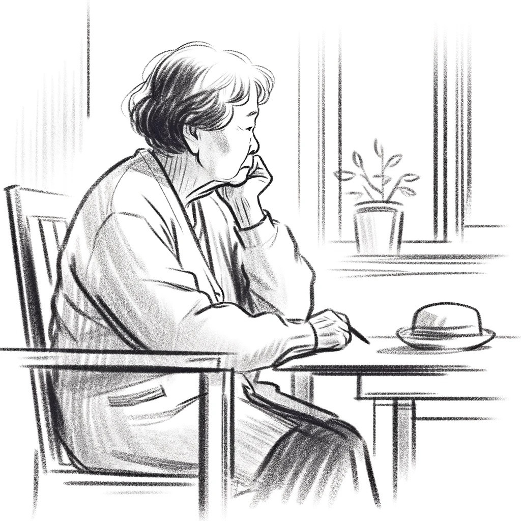 6 DALL·E 2024-05-23 20.45.53 - A simple pencil sketch of a Korean retired person feeling a loss of purpose, with a white background and color elements. The person is sitting in a ro.jpg