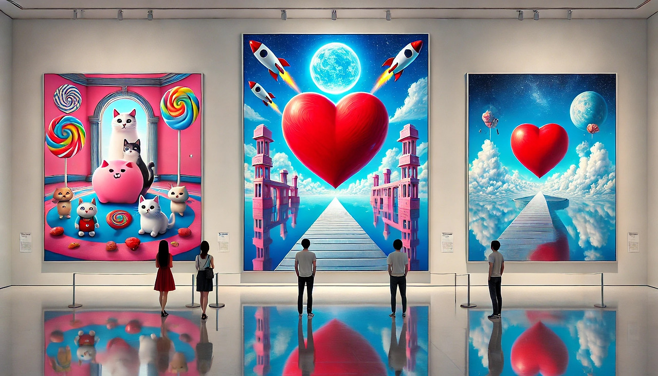 DALL·E 2025-04-06 16.58.57 - An art gallery with three paintings faithfully reproducing the original artworks. The left painting shows a red heart with two cats (one white, one bl copy.jpg