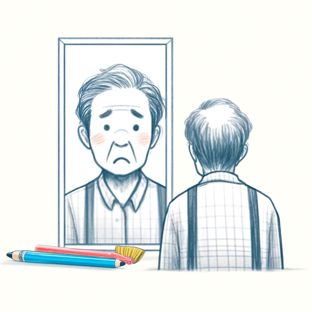 3 DALL·E 2024-05-23 20.45.00 - A simple pencil sketch of a Korean retired person experiencing loss of identity, with a white background and color elements. The person is looking at.jpg