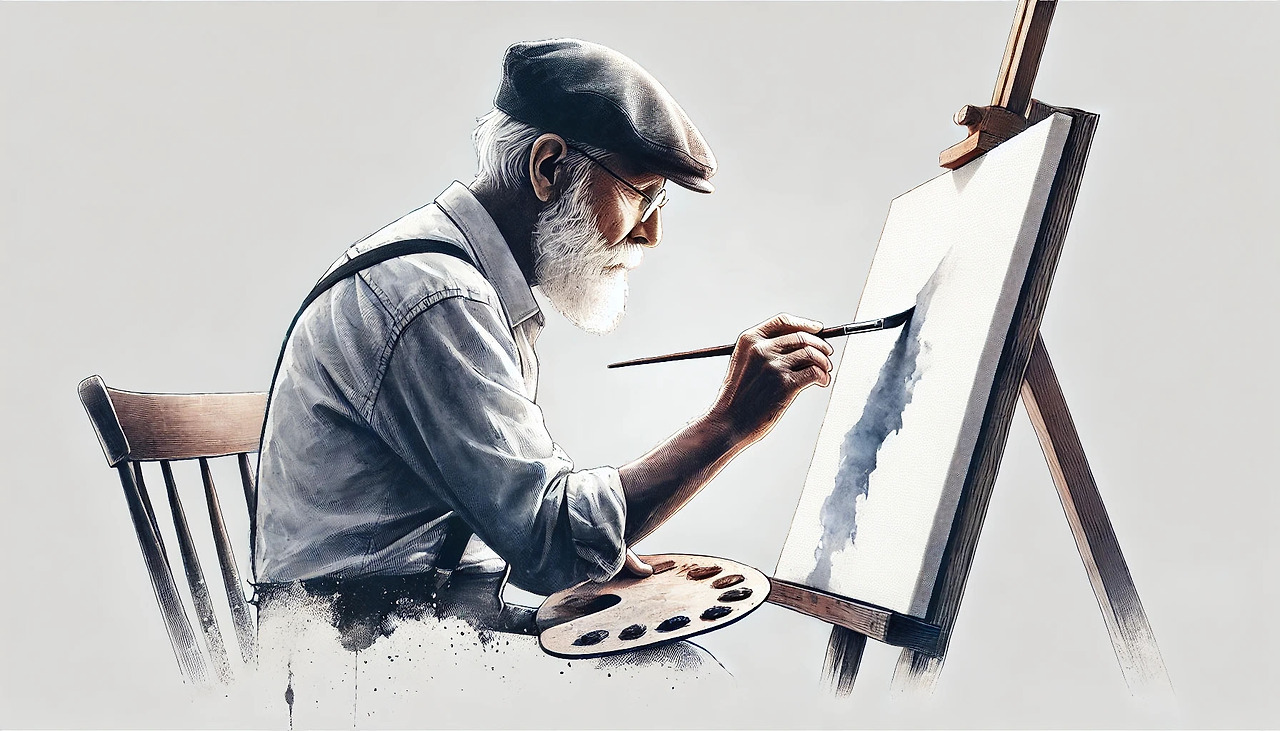 평생학습-1_0005_DALL·E 2024-08-06 14.22.23 - A realistic watercolor-style image of an elderly person painting on a canvas, d.jpg