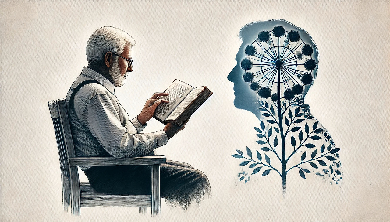 평생학습-1_0009_DALL·E 2024-08-06 14.23.08 - A realistic watercolor-style image of an elderly person reading a book and refl.jpg