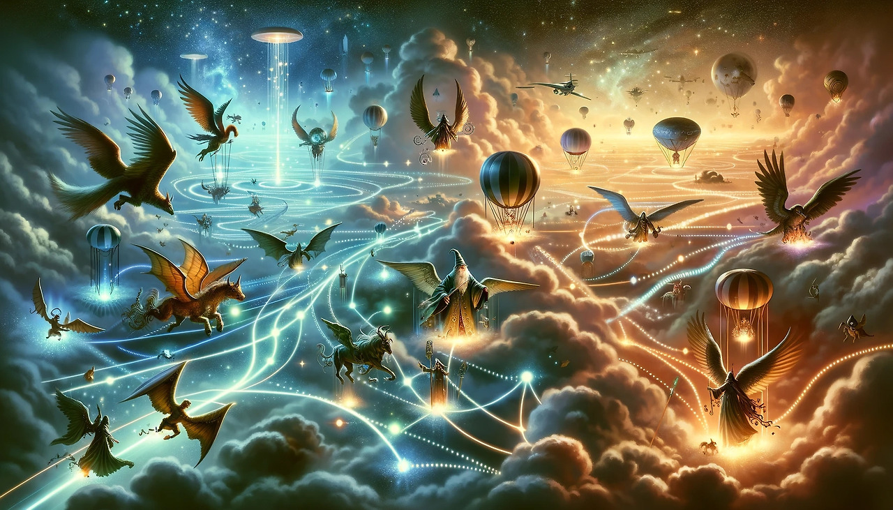 DALL·E 2024-03-08 23.58.56 - A fantasy-style illustration depicting the concept of air route management as an enchanted sky filled with various flying mythical creatures and magic.jpg