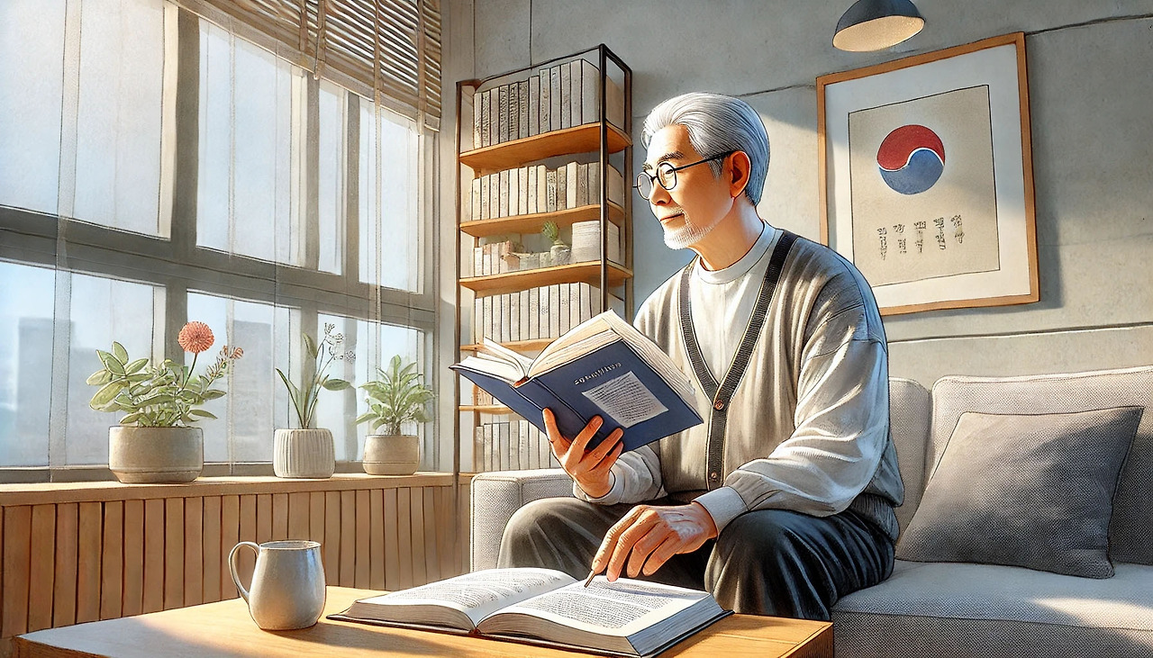 평생학습-1_0000_DALL·E 2024-08-06 14.44.19 - A realistic watercolor-style image of an elderly person reading a book and taki.jpg