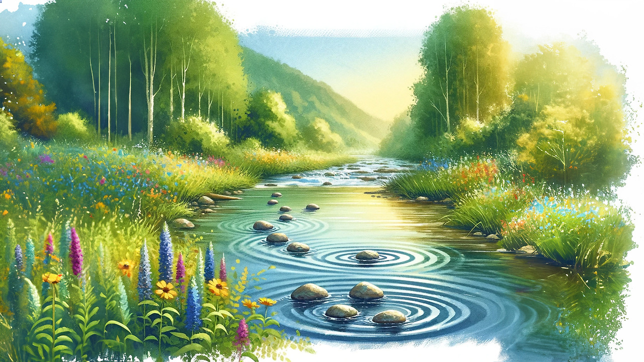 DALL·E 2024-02-23 19.53.24 - A serene and inspiring landscape featuring a gently flowing river, with small stones creating ripples on the water surface. The scene is surrounded by.jpg