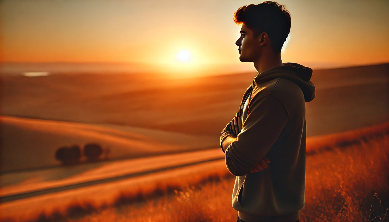DALL·E 2025-03-21 20.34.50 - A person standing on a hill at sunset, gazing at the horizon with a thoughtful expression. The warm golden light of the setting sun creates a peaceful.jpg