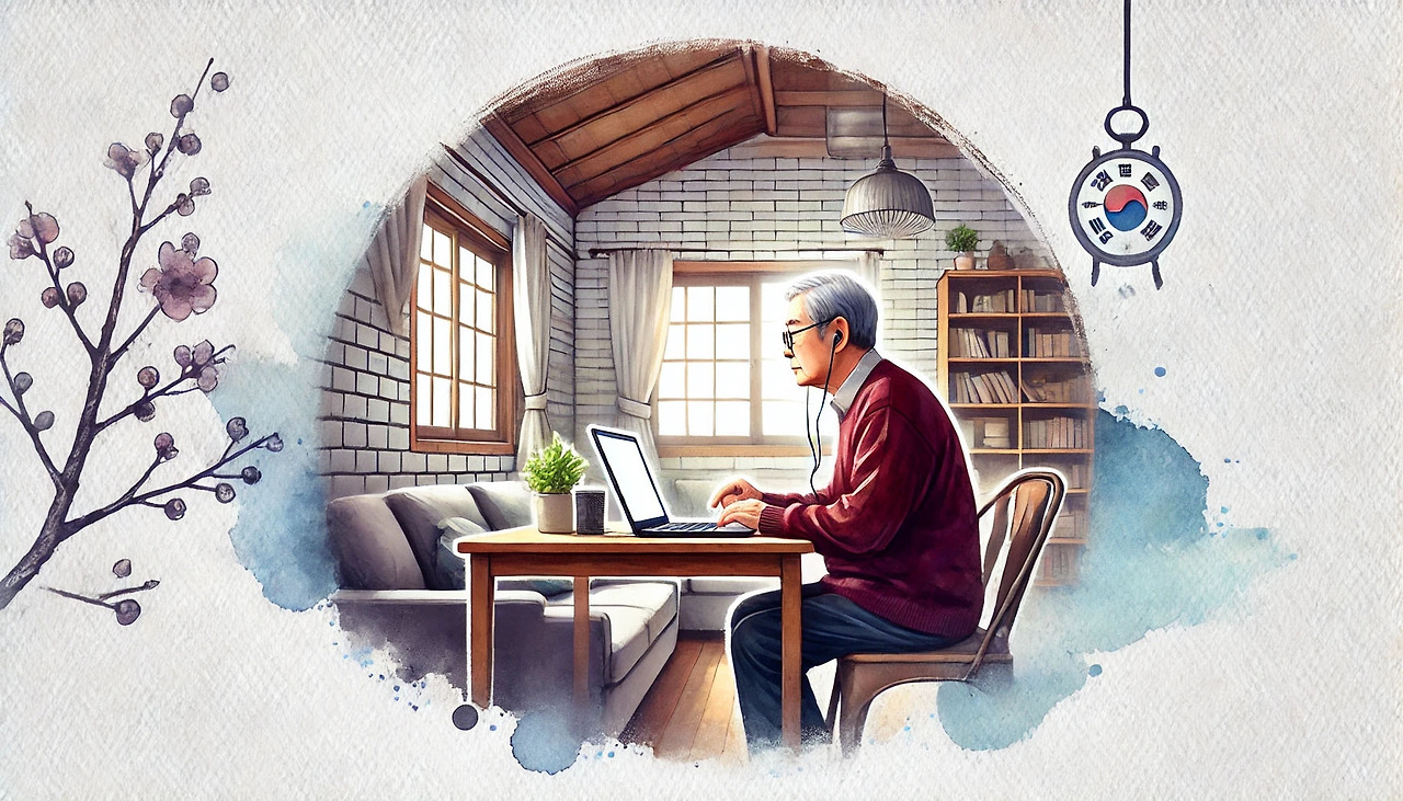 은퇴 후의 삶-1_0014_DALL·E 2024-08-06 17.53.14 - An elderly person attending an online class in a cozy Korean home, using a l.jpg