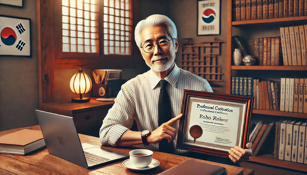 Certi__0004_DALL·E 2025-02-25 22.00.53 - A realistic, retro-style image of a retired Korean elderly man in a home office.jpg
