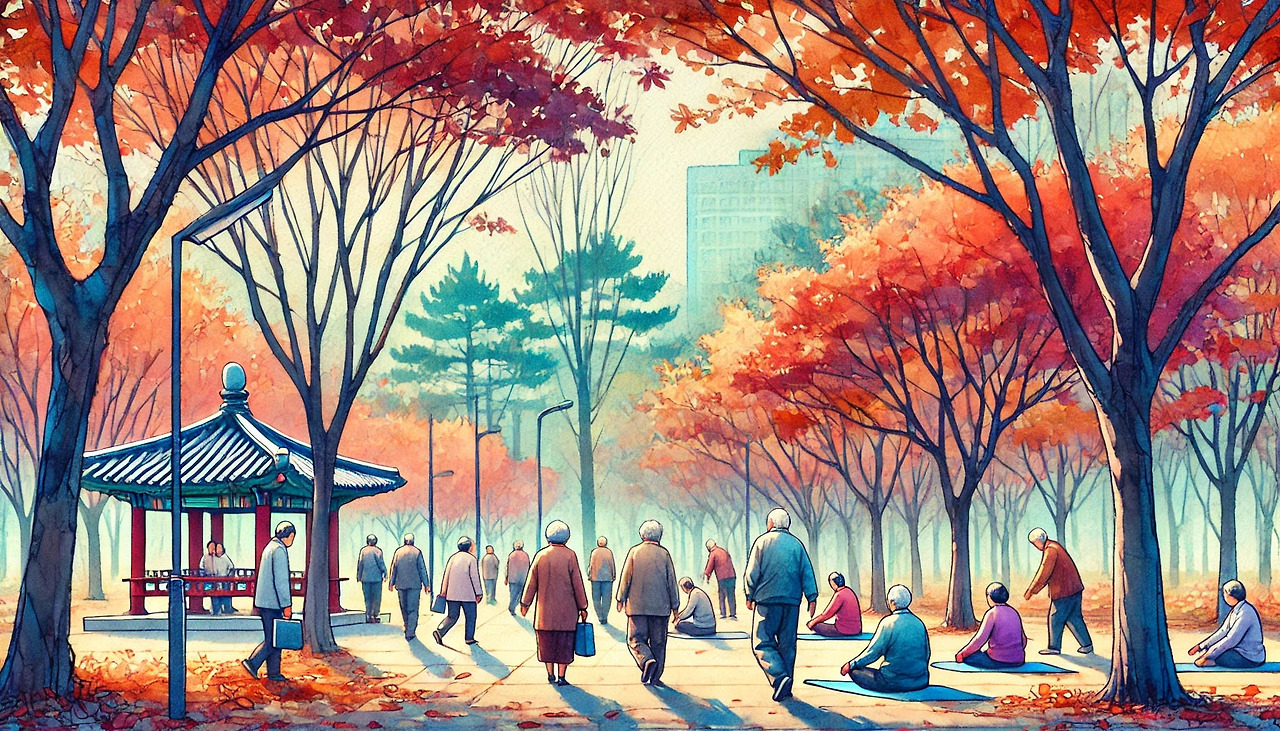 은퇴 후의 삶-1_0007_DALL·E 2024-08-06 17.52.19 - A serene Korean park in autumn, with elderly people walking and doing yoga u.jpg