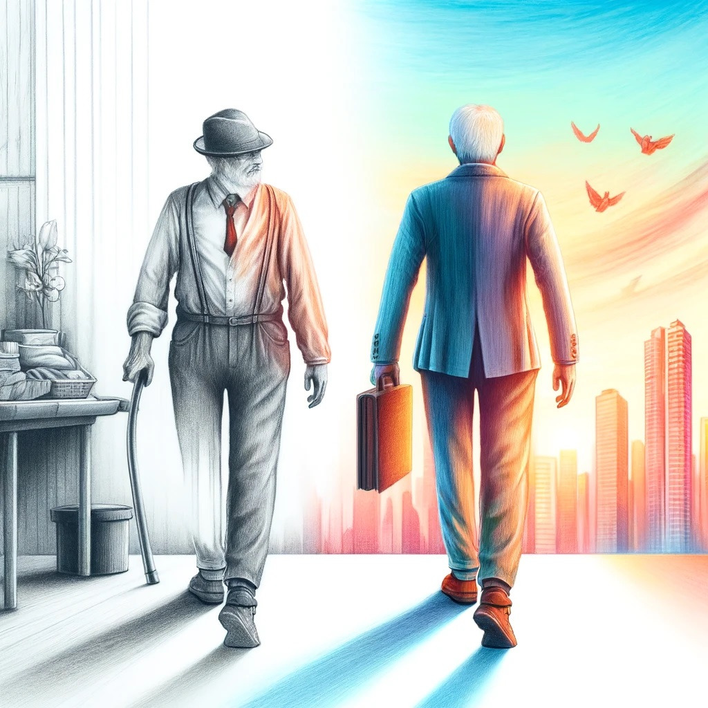 1-2 DALL·E 2024-05-14 14.08.34 - Create a colored pencil sketch depicting the theme of retirement and starting a new career. The image should feature an elderly person transitioning f.jpg