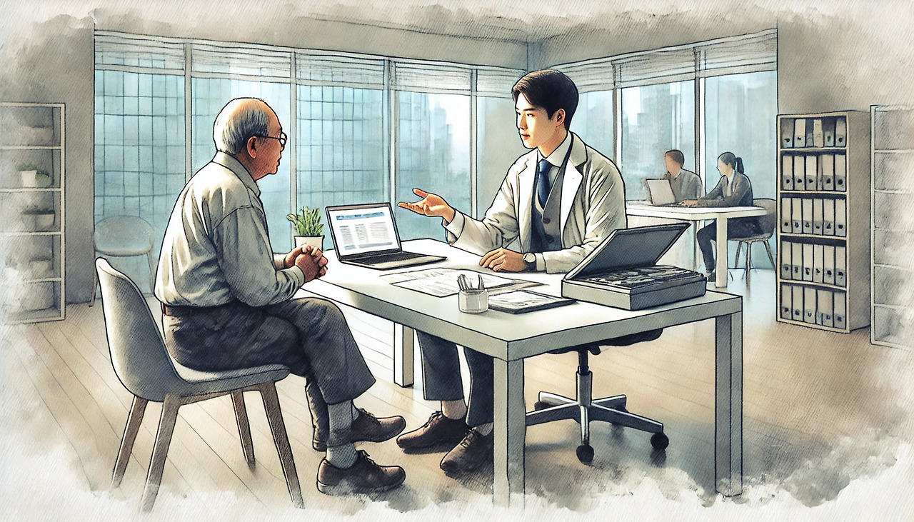 은퇴 후의 삶-1_0012_DALL·E 2024-08-06 17.53.01 - An elderly person discussing financial plans with a financial advisor in a m.jpg