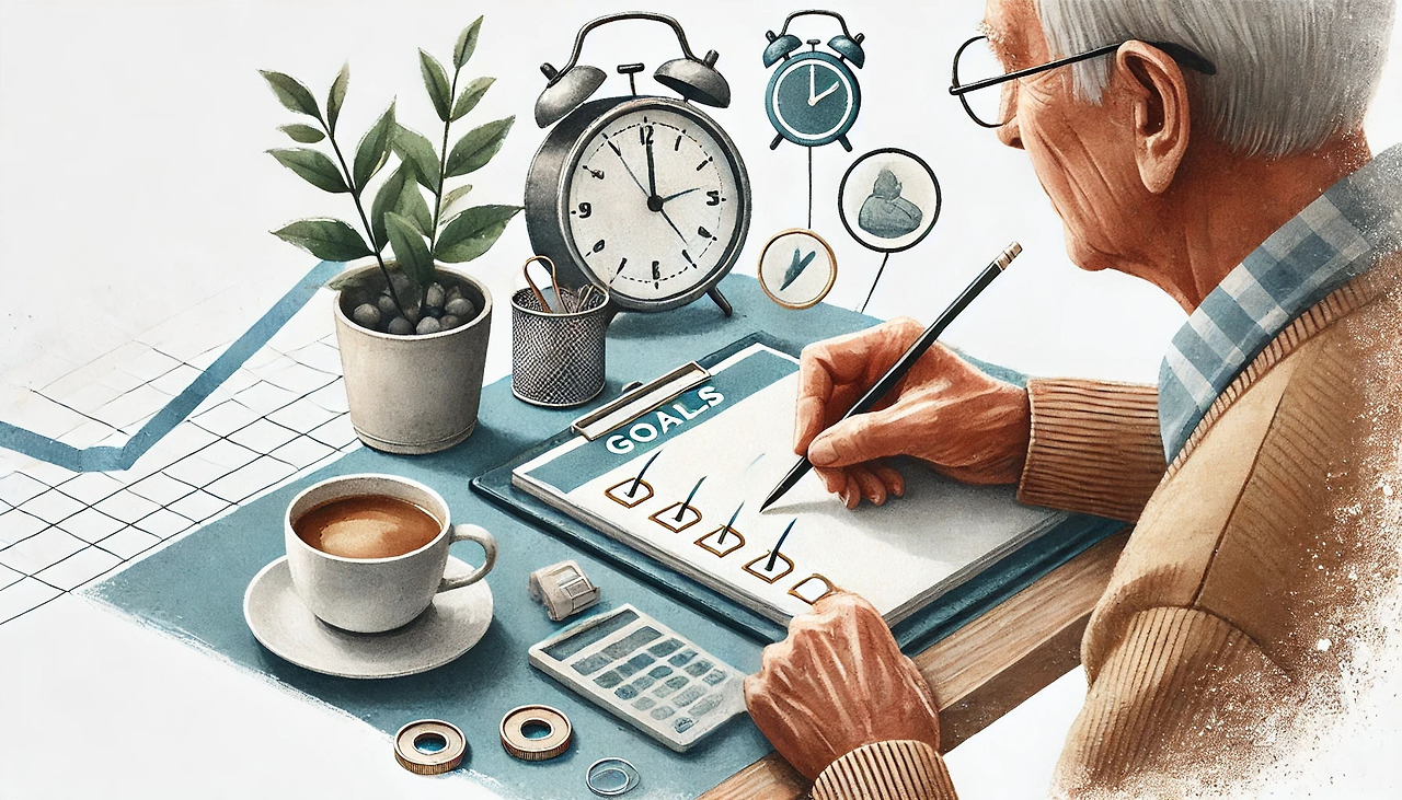 평생학습-1_0011_DALL·E 2024-08-06 14.23.20 - A realistic watercolor-style image of an elderly person setting goals and plann.jpg