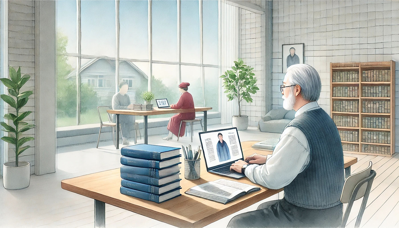 평생학습-1_0023_DALL·E 2024-08-06 14.42.29 - A realistic watercolor-style image of an elderly person participating in a life.jpg