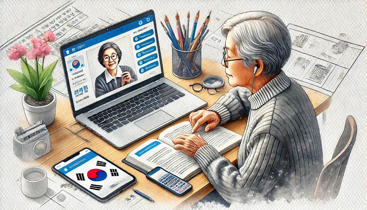 평생학습-1_0013_DALL·E 2024-08-06 14.35.31 - A realistic watercolor-style image depicting an elderly person using a laptop a.jpg