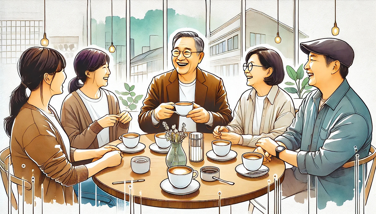 은퇴 후의 삶-1_0009_DALL·E 2024-08-06 17.52.30 - A Korean senior man and woman having a joyful conversation with friends over.jpg