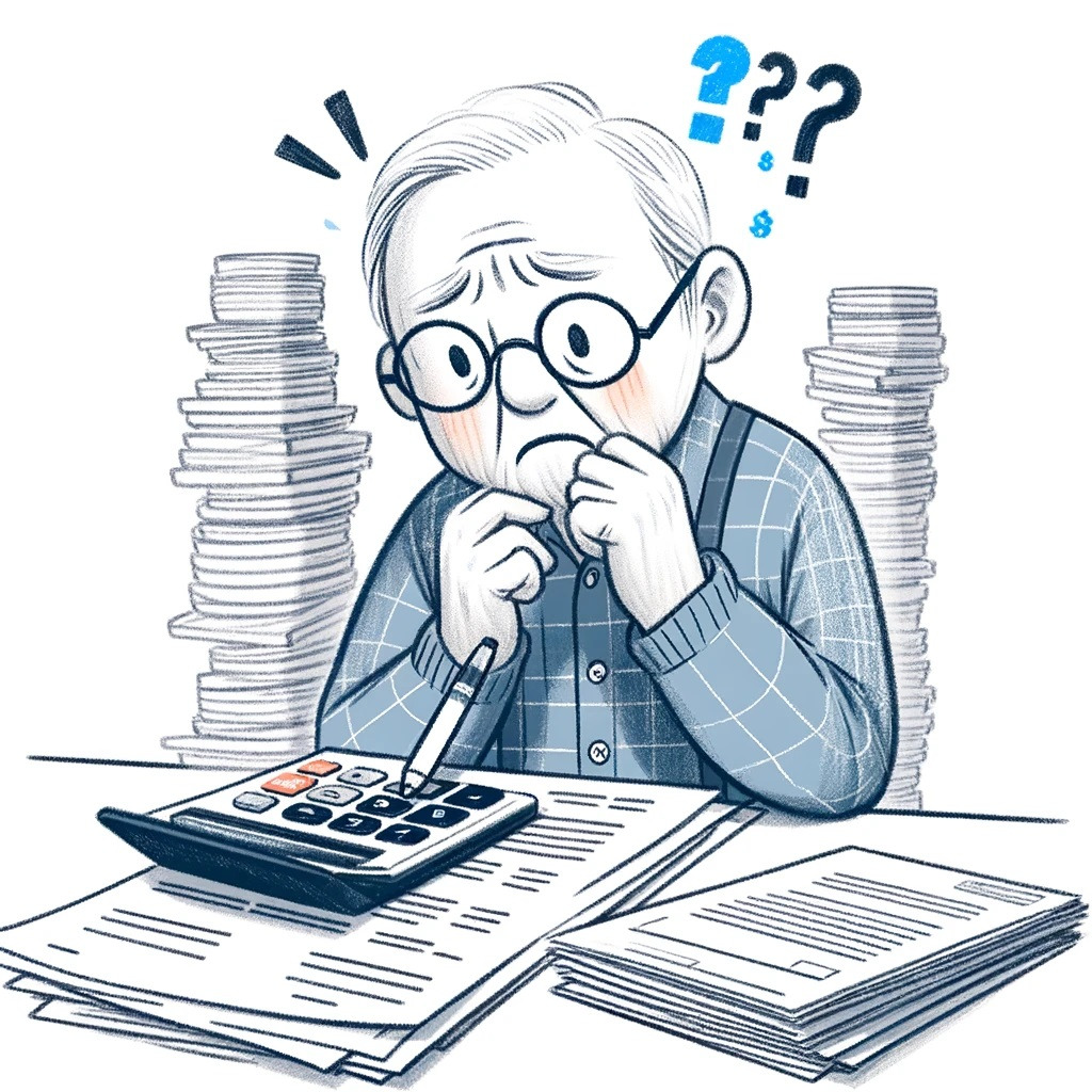 1 DALL·E 2024-05-23 20.44.28 - A simple pencil sketch of a Korean retired person worried about financial instability, with a white background and color elements. The person is looki.jpg
