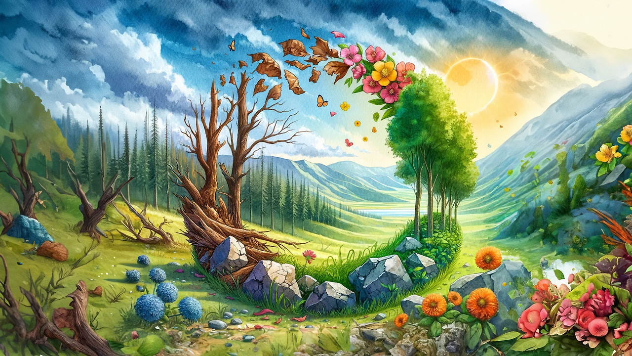 DALL·E 2024-02-23 20.38.02 - A landscape showing the cycle of nature with broken rocks, wilted flower petals, and a rejuvenated forest, representing resilience and beauty in adver.jpg
