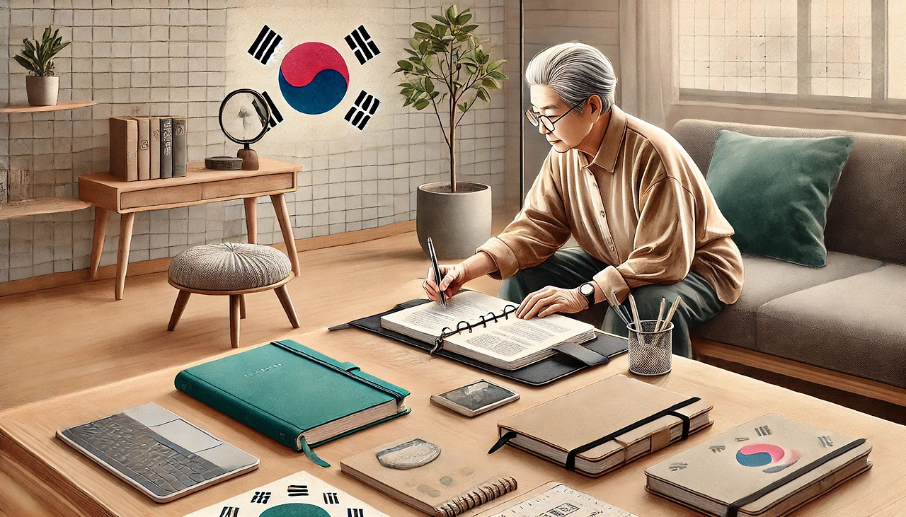 DALL·E 2024-08-06 16.04.28 - A realistic watercolor-style image of an elderly person setting goals and planning their learning journey with a notebook and pen in a modern Korean s 복사.jpg