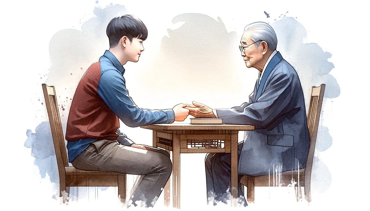 DALL·E 2024-08-06 16.04.01 - A realistic watercolor-style image of an elderly person engaging in a mentoring session with a younger individual in a Korean setting, sharing knowled 복사.jpg