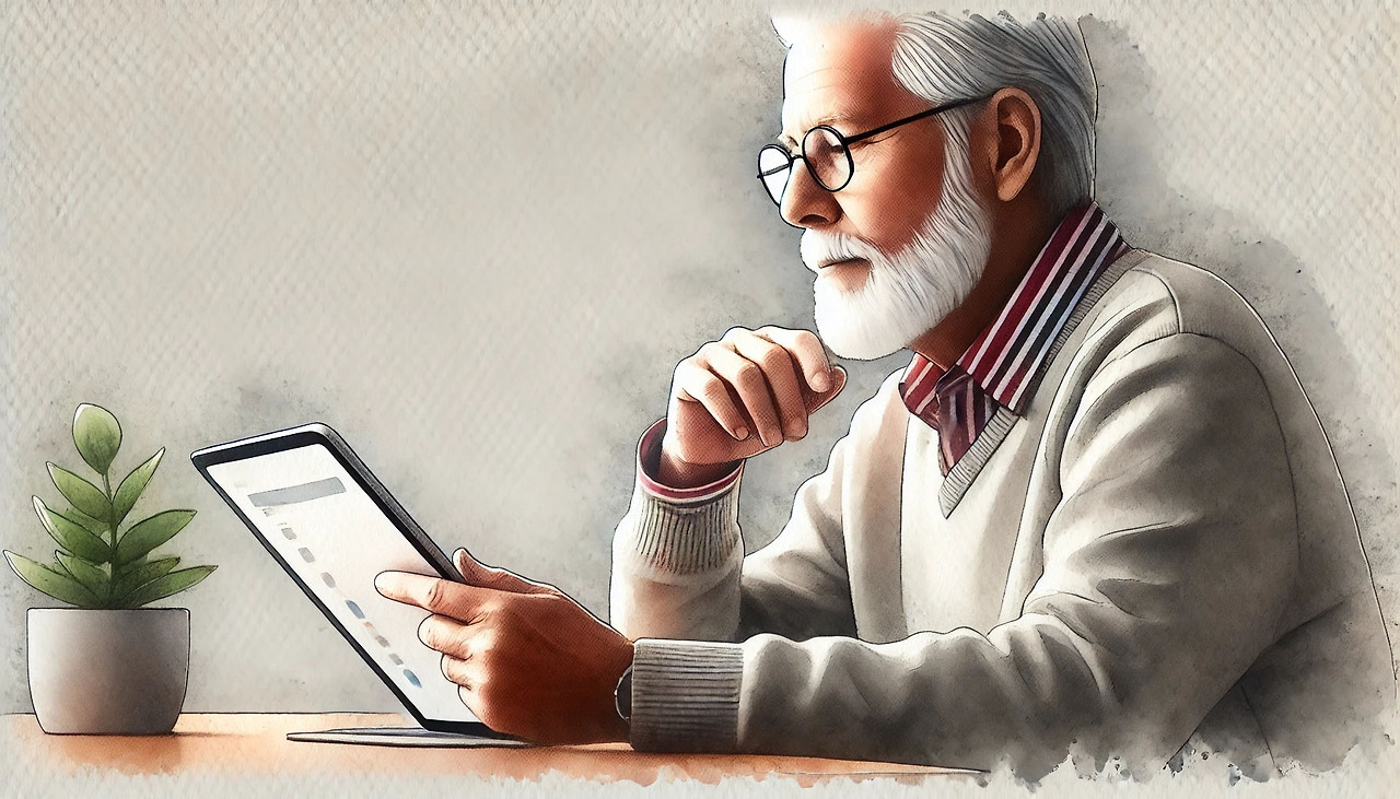 평생학습-1_0008_DALL·E 2024-08-06 14.23.00 - A realistic watercolor-style image of an elderly person using a computer or tab.jpg