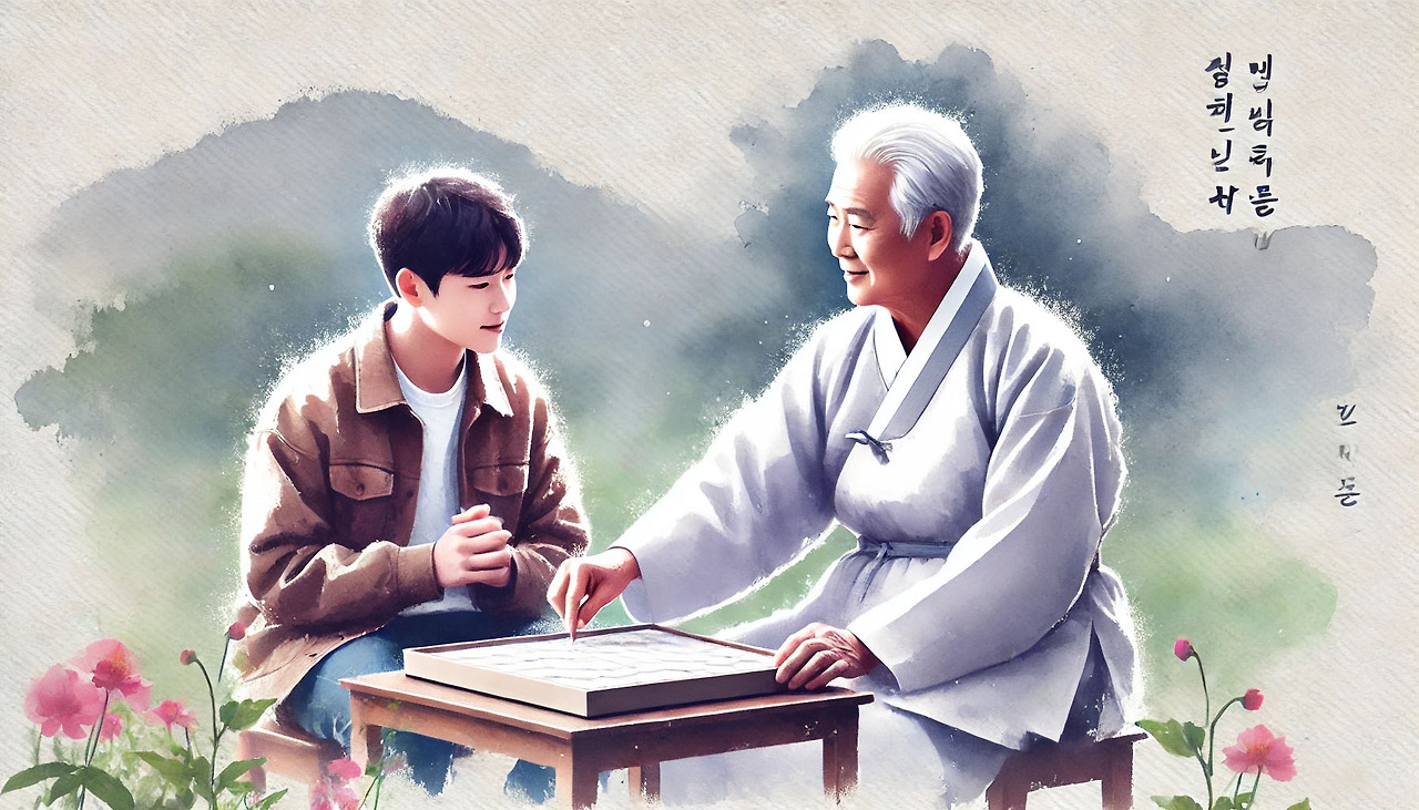 DALL·E 2024-08-06 16.03.40 - A realistic watercolor-style image of an elderly person engaging in a volunteer activity in Korea, such as mentoring a younger individual or participa 복사.jpg