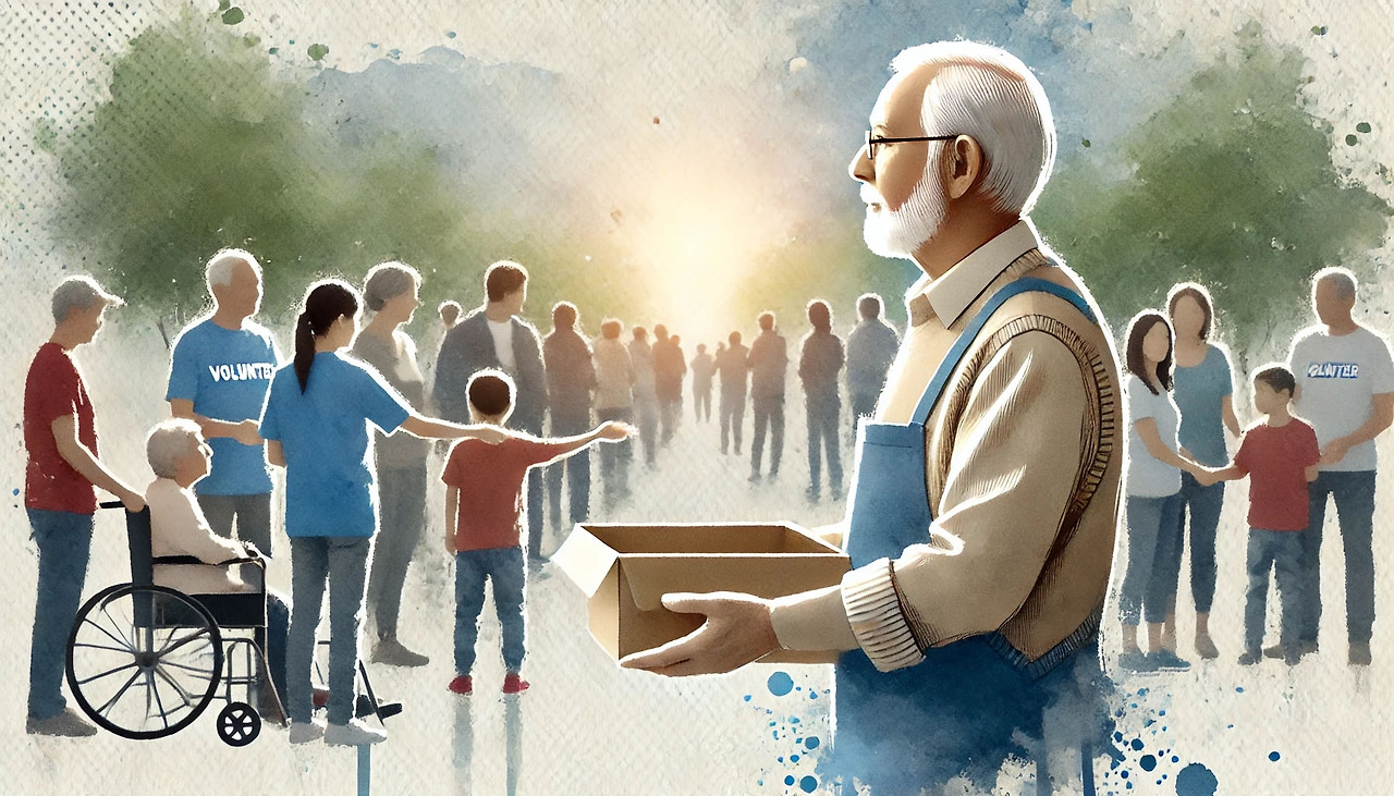 평생학습-1_0010_DALL·E 2024-08-06 14.23.14 - A realistic watercolor-style image of an elderly person volunteering or engagin.jpg