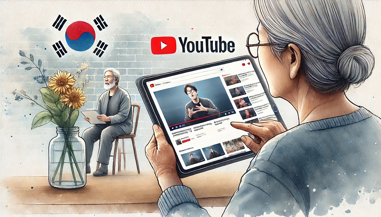 평생학습-1_0016_DALL·E 2024-08-06 14.35.52 - A realistic watercolor-style image of an elderly person watching educational vi.jpg