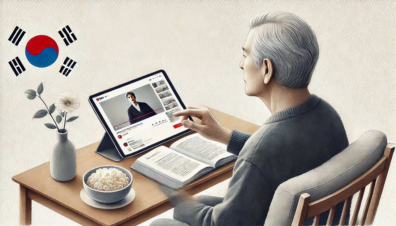 DALL·E 2024-08-06 16.03.08 - A realistic watercolor-style image of an elderly person watching educational videos on a tablet, focused on Korean educational content from platforms  복사.jpg