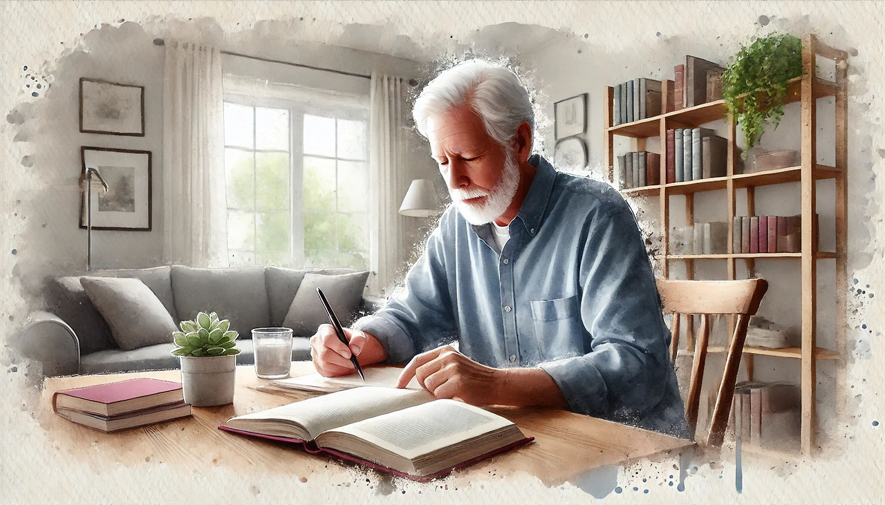 평생학습-1_0020_DALL·E 2024-08-06 14.36.16 - A realistic watercolor-style image of an elderly person reading a book and taki.jpg
