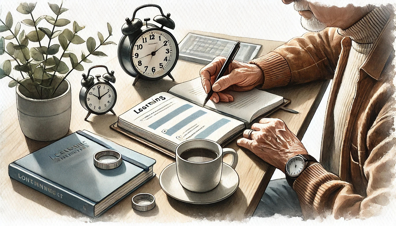 평생학습-1_0022_DALL·E 2024-08-06 14.36.28 - A realistic watercolor-style image of an elderly person setting goals and plann.jpg