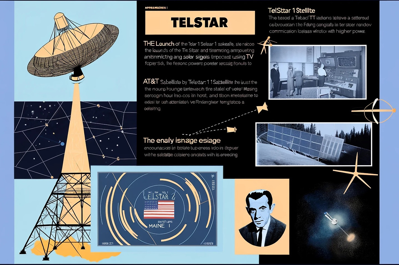 DALL·E 2024-03-30 17.23.34 - Create an image that visually represents the key events in the history of the Telstar 1 satellite. The image should include the launch of the Telstar .jpg