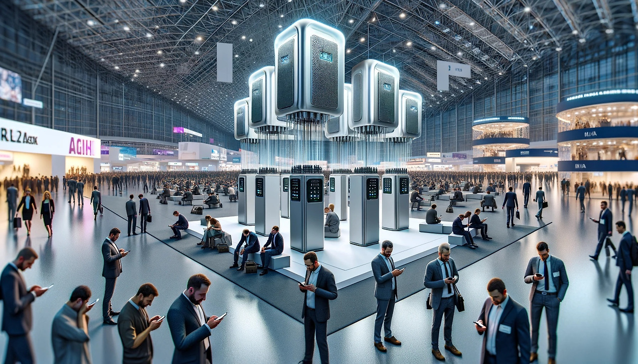 DALL·E 2024-04-19 23.17.31 - A realistic 4K image of a convention center equipped with radio signal jamming devices to control the operation of mobile phones. The scene shows a la.jpg