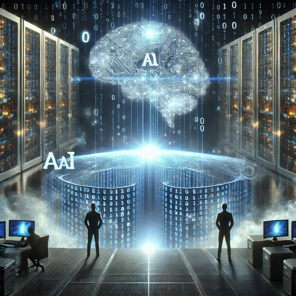 DALL·E 2025-01-31 10.20.30 - A futuristic digital landscape depicting a data breach. A glowing AI brain in the center, with binary code streams flowing out of it towards two oppos.jpg