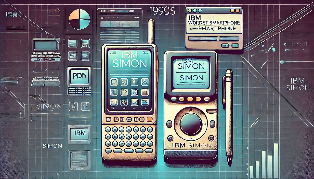 IBM _0001_DALL·E 2024-11-24 20.36.39 - A retro-futuristic illustration showcasing IBM Simon, the world's first smartphon.jpg