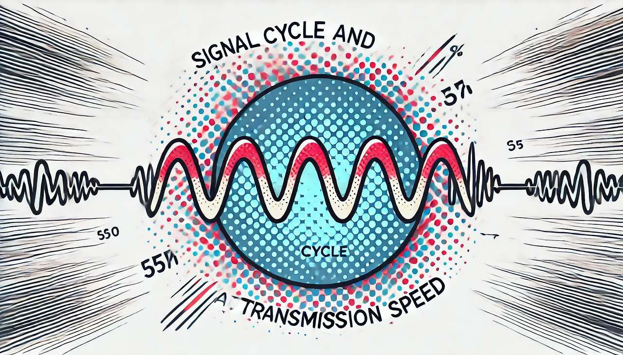 DALL·E 2024-06-22 23.45.56 - A simple pop art style image with a white background and some padding around the edges illustrating 'Signal Cycle and Transmission Speed'. The image s.jpg