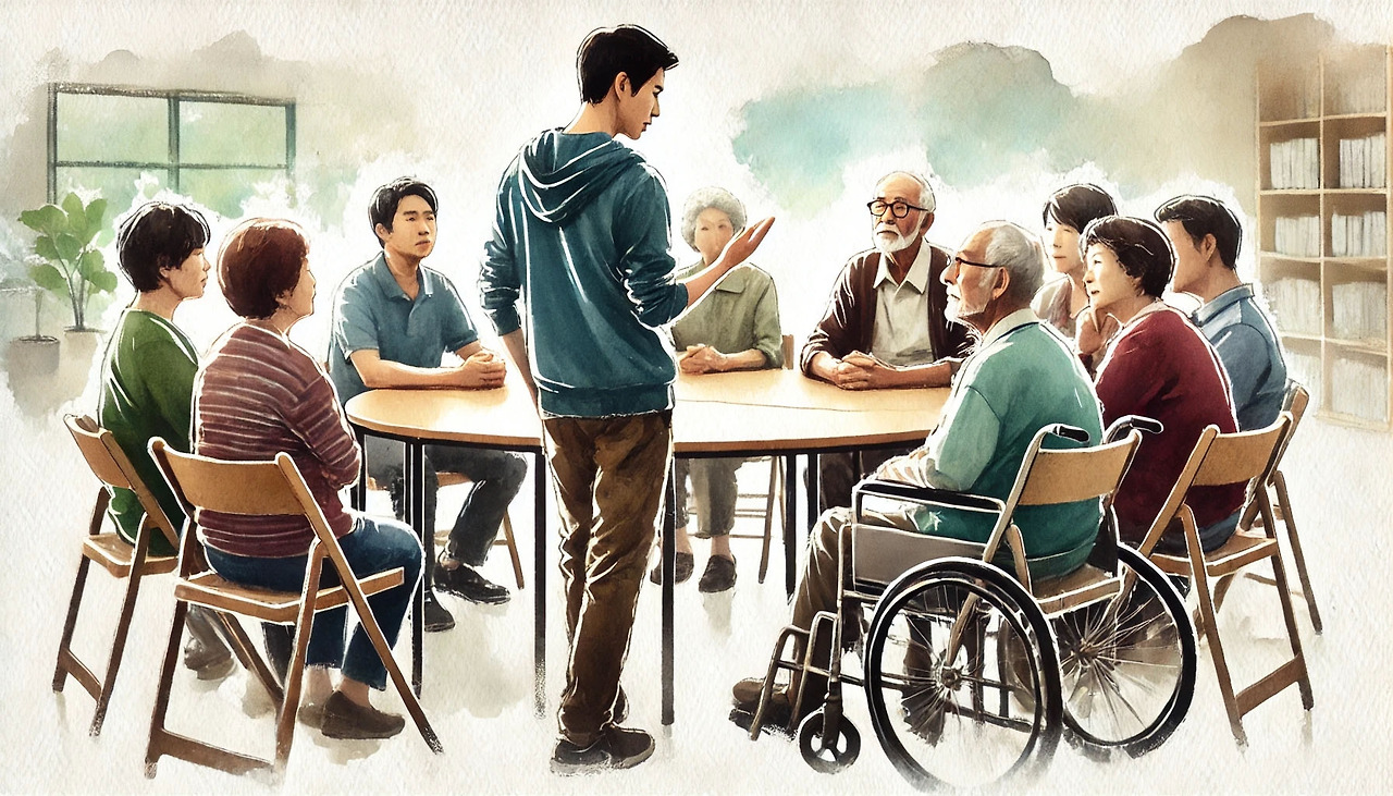 평생학습-1_0004_DALL·E 2024-08-06 14.22.17 - A realistic watercolor-style image showing an elderly person participating in a.jpg