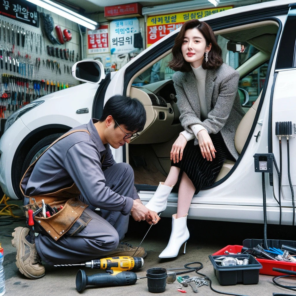 DALL·E 2024-05-11 19.45.43 - A famous female Korean actress at a car phone installation site in Jangan-dong, Seoul, South Korea, is instructing a technician to remove his shoes be.jpg