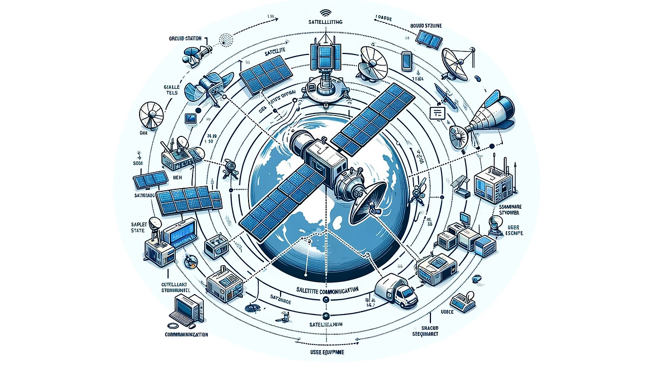 DALL·E 2024-03-30 17.11.41 - Create an image of a satellite communication system network diagram including the satellite, ground station, and user equipment. The diagram should de.jpg