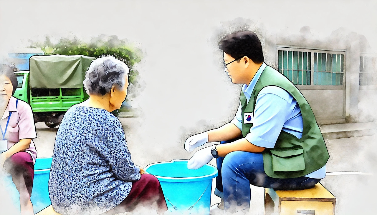 평생학습-1_0019_DALL·E 2024-08-06 14.36.09 - A realistic watercolor-style image of an elderly person engaging in a volunteer.jpg