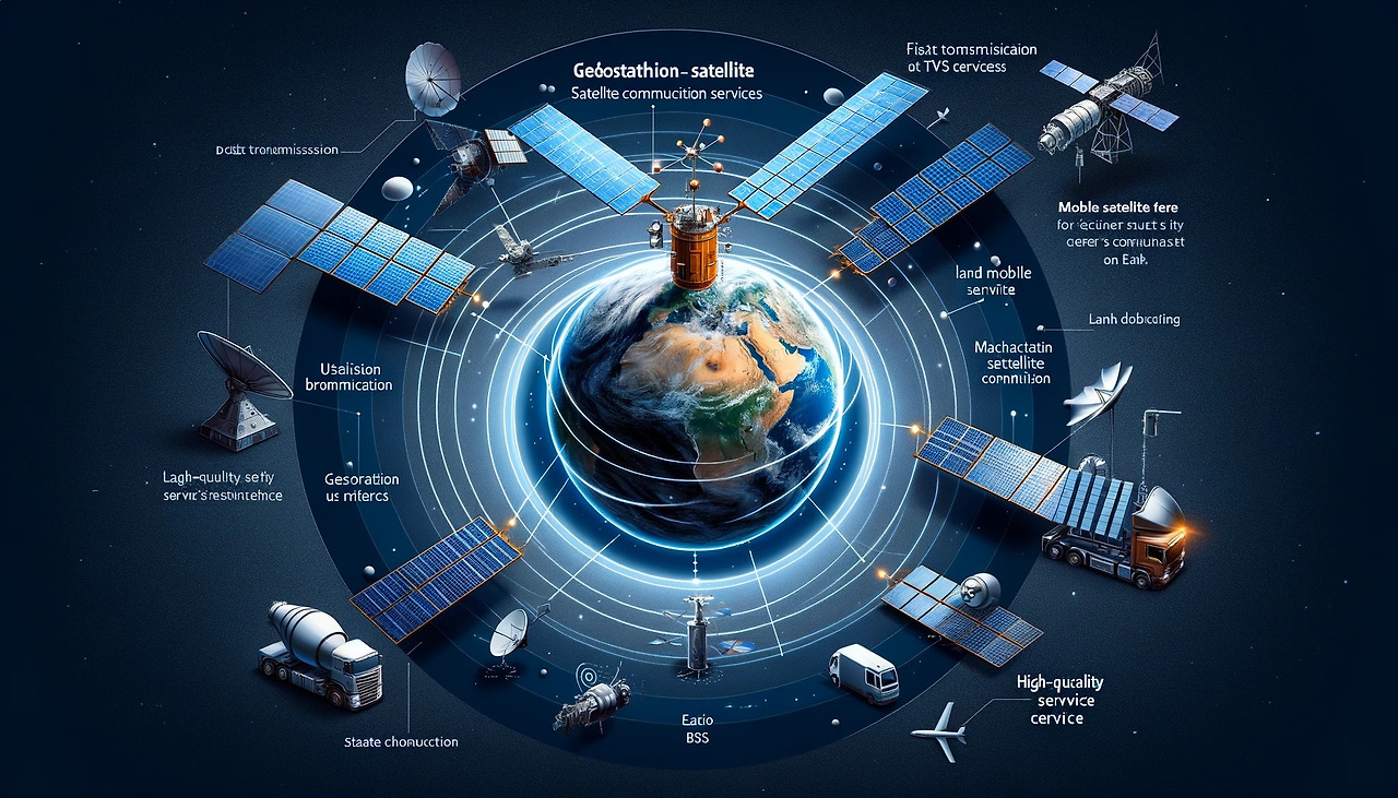 DALL·E 2024-03-30 17.36.43 - Create an image illustrating the principles of satellite communication services, including Fixed Satellite Service (FSS), Mobile Satellite Service (MS.jpg