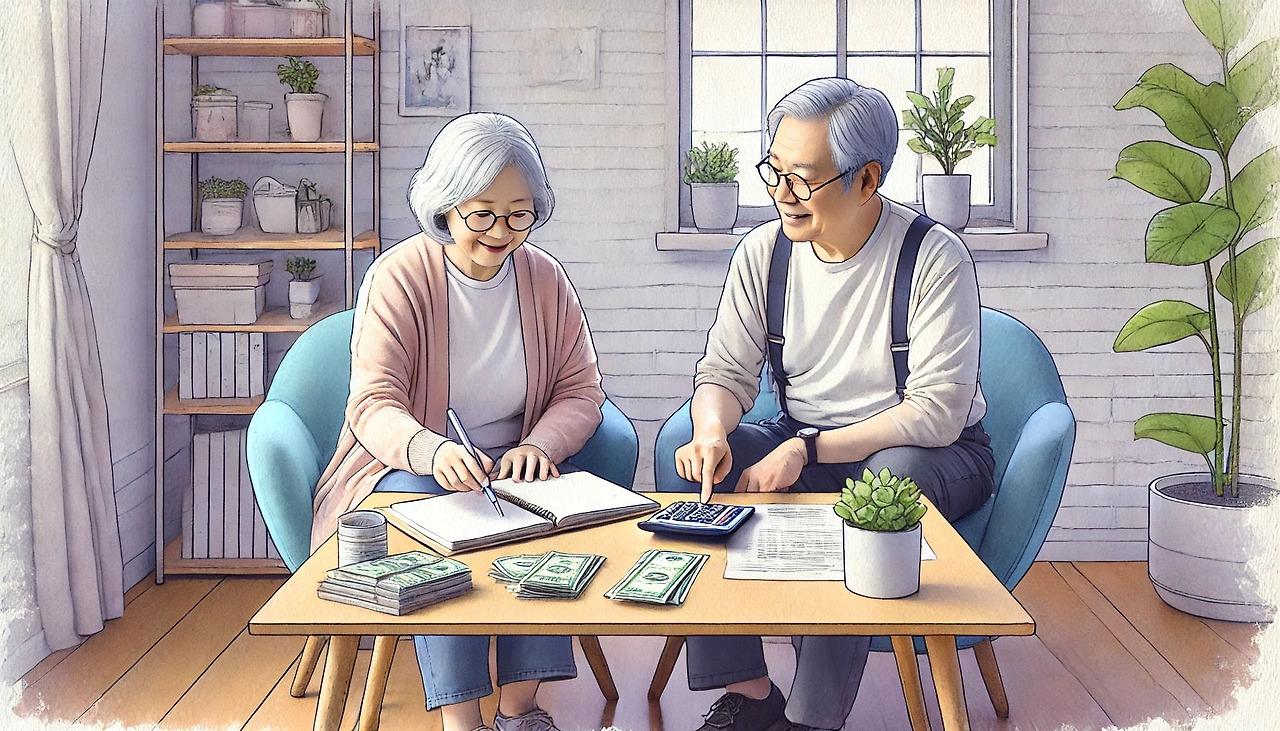 은퇴 후의 삶-1_0008_DALL·E 2024-08-06 17.52.24 - A Korean senior couple sitting at a cozy home desk, planning their finances .jpg
