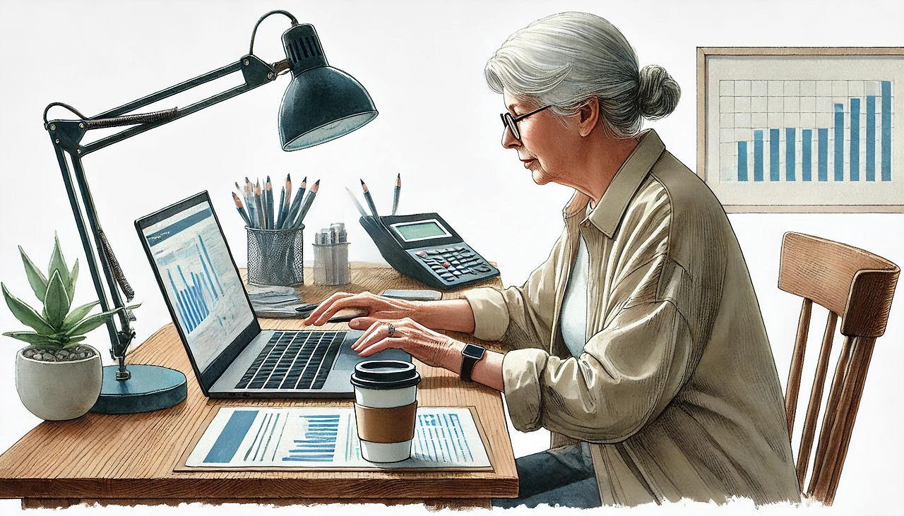 평생학습-1_0006_DALL·E 2024-08-06 14.22.33 - A realistic watercolor-style image of an elderly person working on a laptop, en.jpg